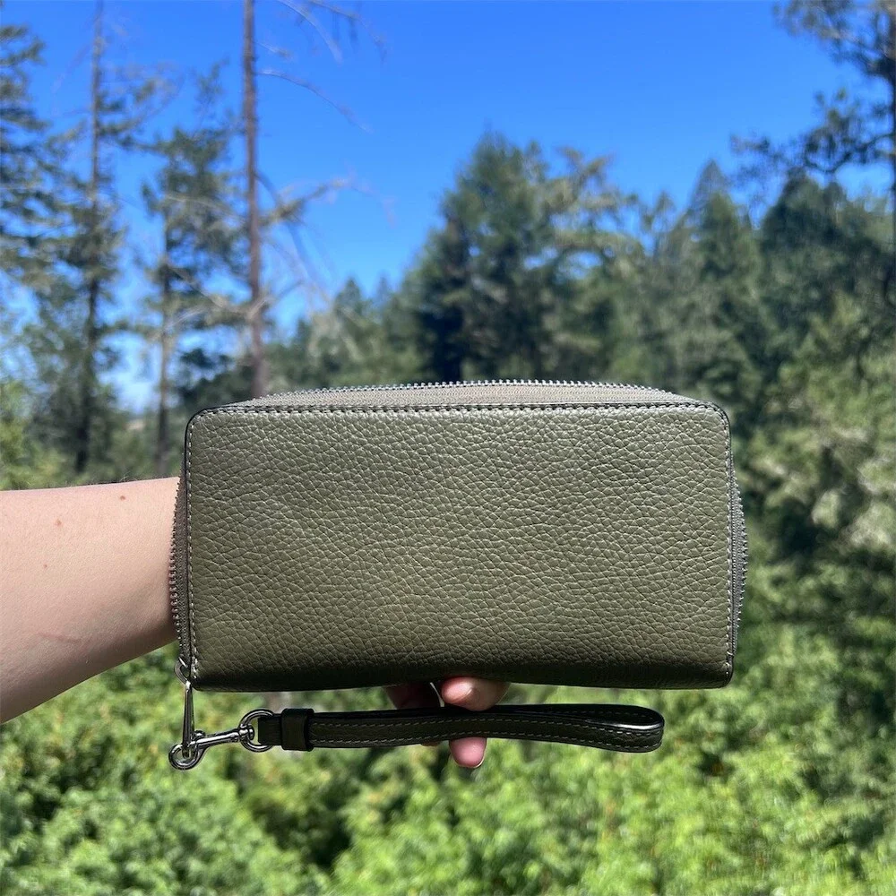 COACH Long Zip-Around Pebble Leather Wallet Green w Silver Hardware AUTHENTIC